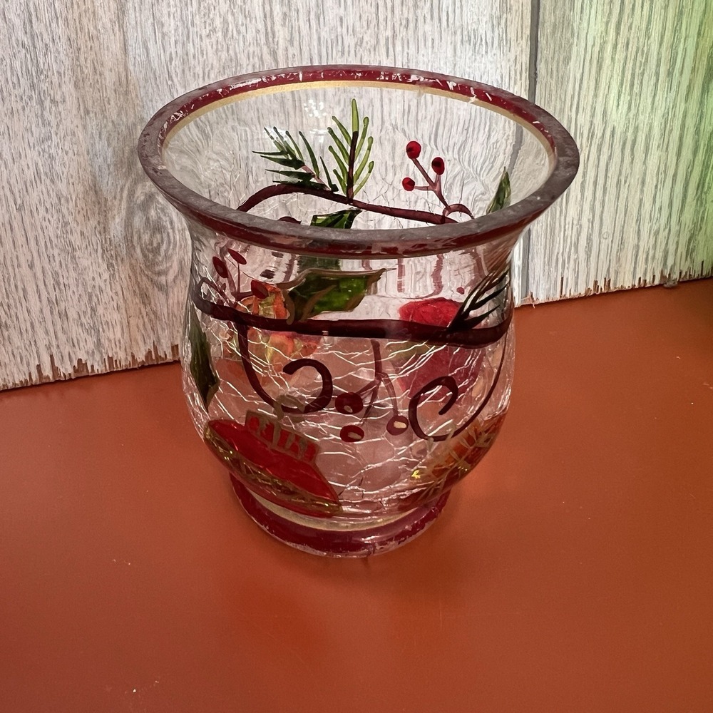 Crackle glass votive tealight candleholder pine branches berries fall winter red